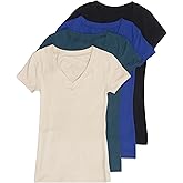 4 Pack Zenana Women's Basic V-Neck T-Shirts Large Black, B Royal, Taupe, Teal