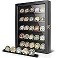 ULTRGEE Challenge Coin Display Case, Coin Collection Display Stand for Wall Military Medal Shadow Box Display Cabinet with Removable Dual Recessed Shelves and Acrylic Panel -Black