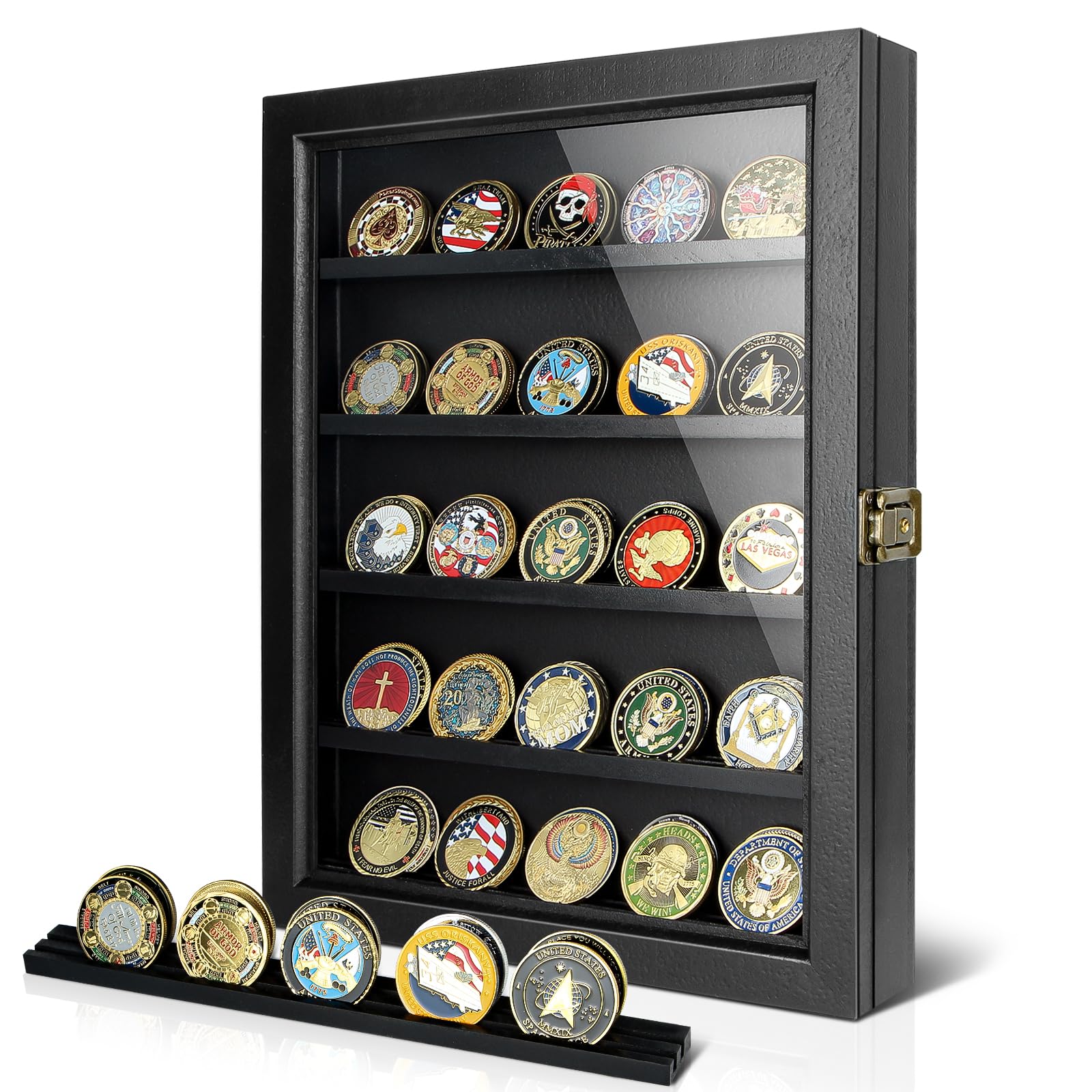 Photo 1 of ULTRGEE Challenge Coin Display Case, Coin Collection Display Stand for Wall Military Medal Shadow Box Display Cabinet with Removable Dual Recessed Shelves and Acrylic Panel -Black