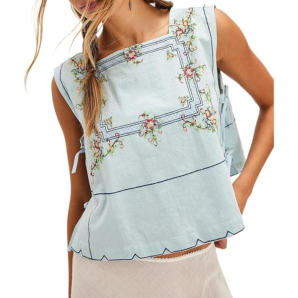 Tie Side Tank Tops for Women Y2K Sleeveless Square Neck Embroidery