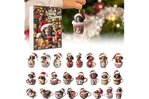 Christmas Dachshund With Santa Hats Countdown Calendar, Xmas Tree 2D Acrylic Set Hanging Ornaments, 24 Days Christmas Collect