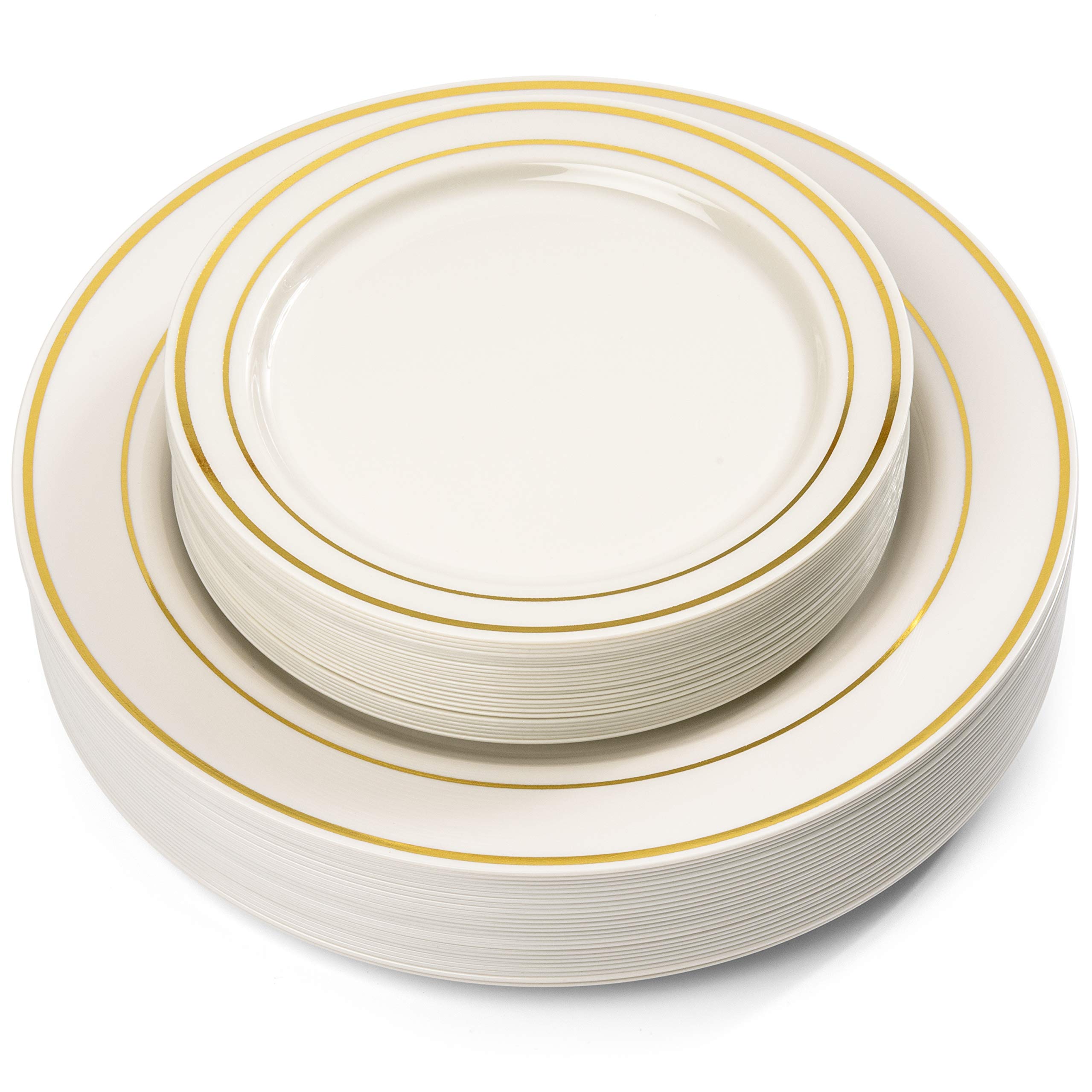 50 Piece Gold Rimmed Ivory Plastic Plate Set for 25 Guest By Oasis