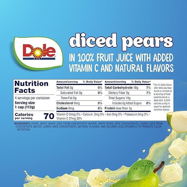 DOLE DICED PEARS IN 100% JUICE^ – DOLE FRUIT BOWLS SNACKS – 4 OZ FRUIT BOWLS – 4 PACK
