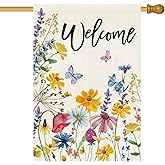 Baccessor Spring Welcome Floral House Flag Flower Leaves Double Sided Large Yard Flag Heavy Duty Seasonal Butterfly Outdoor Outside Patio Decoration 28x40 Inch