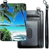DHYYDSQZ Slim Minimalist Wallet for Men Women Small Credit Card Holder Wallet Front Pocket RFID Blocking Wallets Travel Thin Card Case with ID Window Card Organizer & Wristlet,Beach Palm Trees