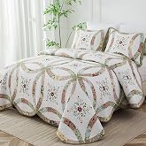 meadow park Cotton Real Patchwork Embroidery Quilt Set 3-Piece. 100% Washed Cotton. 376 Hand Cut Patches. Embroidery and Allover Quilting. Reversible Coverlet Set. (Queen)