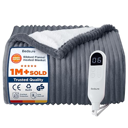 Bedsure Heated Blanket Electric Throw - Ribbed Flannel Electric Blanket, Heating with 10 Time Settings, 6 Heat Settings, Overheat Protection, 130x160cm, Striped Grey