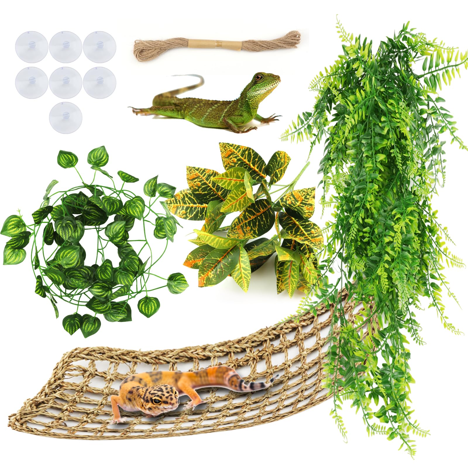 QUOZUO Bearded Dragon Hammock Reptile Hide decor, Leopard Gecko Tank Accessories Reptile Hammock with Jungle Climbing Vines Hanging Plants Artificial Leaves for Chameleon, Lizards, Gecko, Snakes