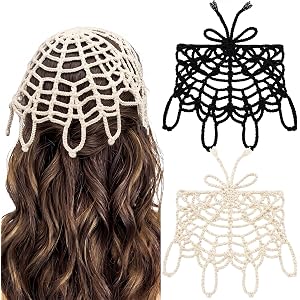 Liitrsh 2Pcs Gothic Crochet Headbands Spiderweb Pattern Bandana for Women Black and White Knit Triangle Headband Greyscale Ha