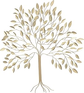 WHW Whole House Worlds Contemporary Leafy Tree Metal Wall Decor Art, Golden Gilded Metal, Hammered and Incised Details, 29 W x 29 H Inches