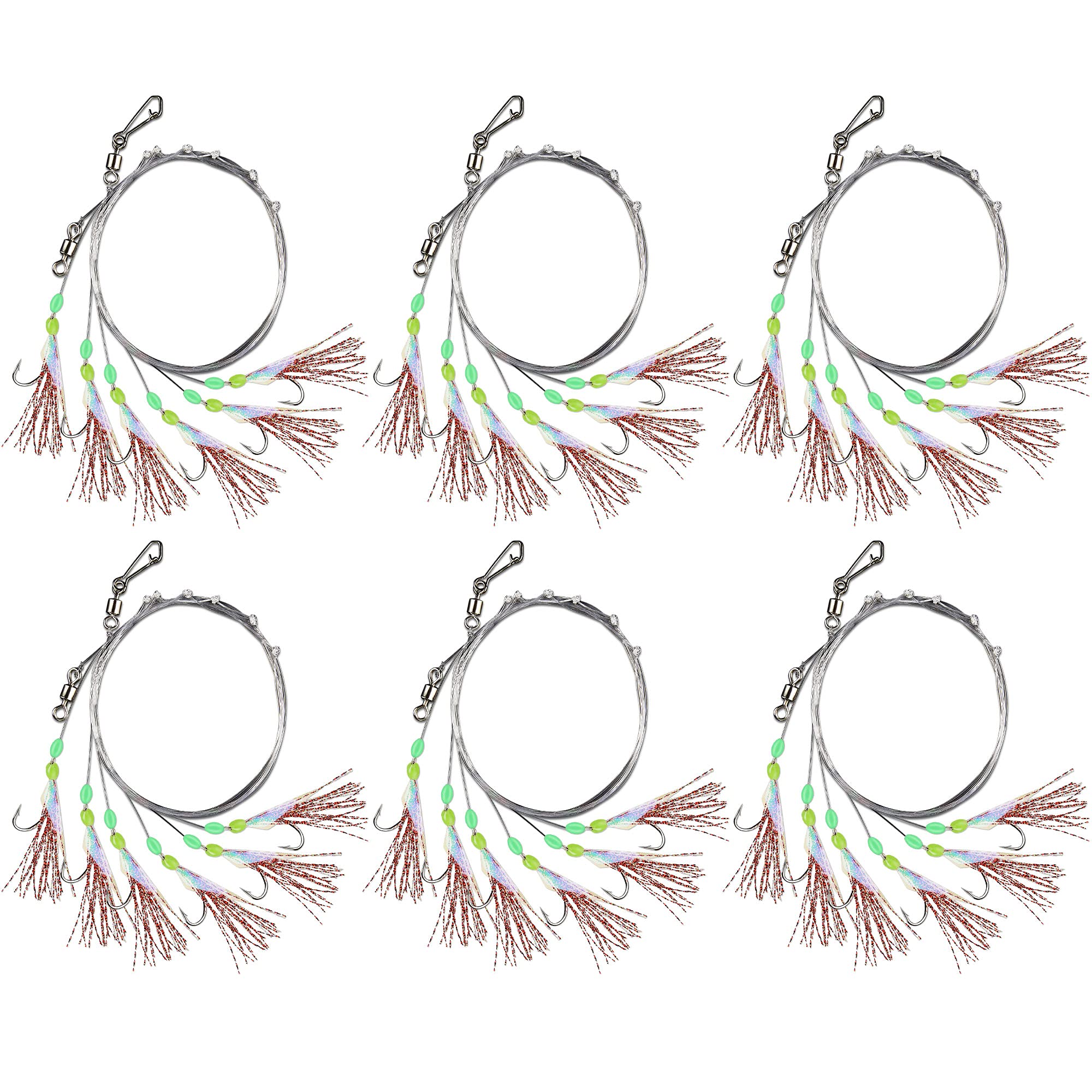 Rodeel Pre-tied Sea Fishing Rigs, 6 Pack / 36 Hooks Fishing Feathers, with Luminous Beads Glowing Tail and Simulated Fish-skin Flasher, Attractor for Mackerel, Herring, Bass, Cod - For Day Use