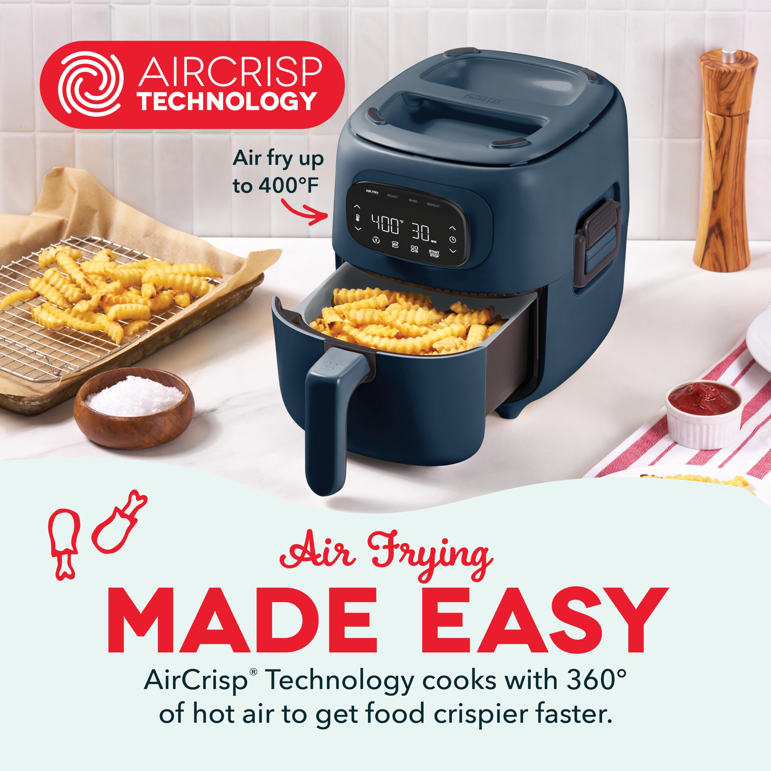 Dash Flip & Fry™ Parrilla digital 2 en 1 + freidora de aire con 4 funciones, capacidad de 3 cuartos, freidora de aire y parrilla interior para papas fritas, alitas, hamburguesas y más - Azul marino