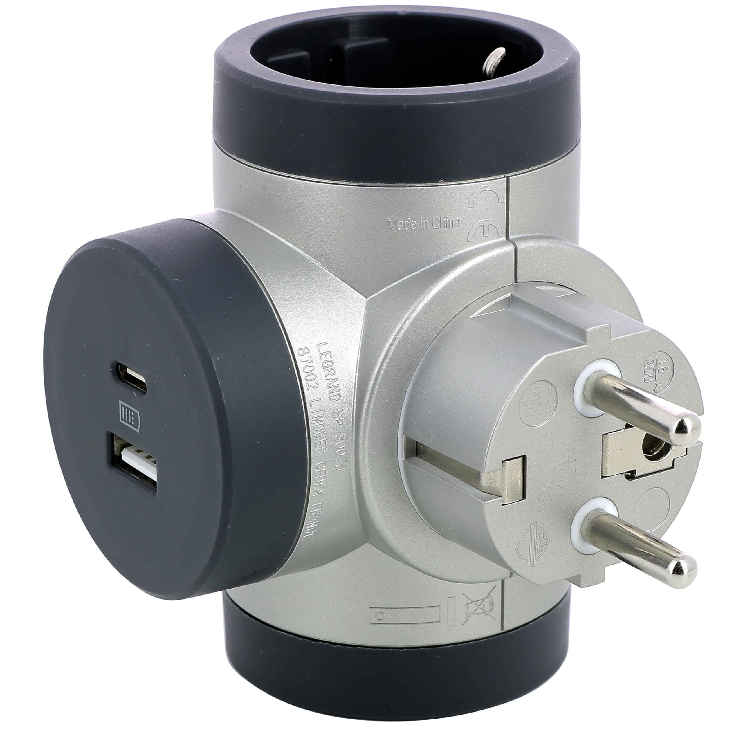 Shuko Contact Adaptor 2x T-Shaped Rotatable with USB A+C Aluminium Colour Legrand CE