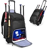 DSLEAF Rolling Baseball Backpack for 4 Bats, Wheeled Softball Equipment Bag with Separate Shoe Space and Multiple Pockets for Baseball Gear, Fence Hook and Detachable Straps for Easy Carry