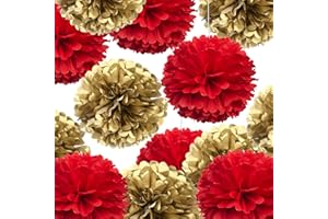 ADEER 14" Red and Gold Tissue Pom Poms Kit DIY Decorative Paper Flowers Ball for Christmas New Years Eve Party Wedding Baby Shower Graduation Birthday Party Home Outdoor Hanging Decorations, Pack of 10