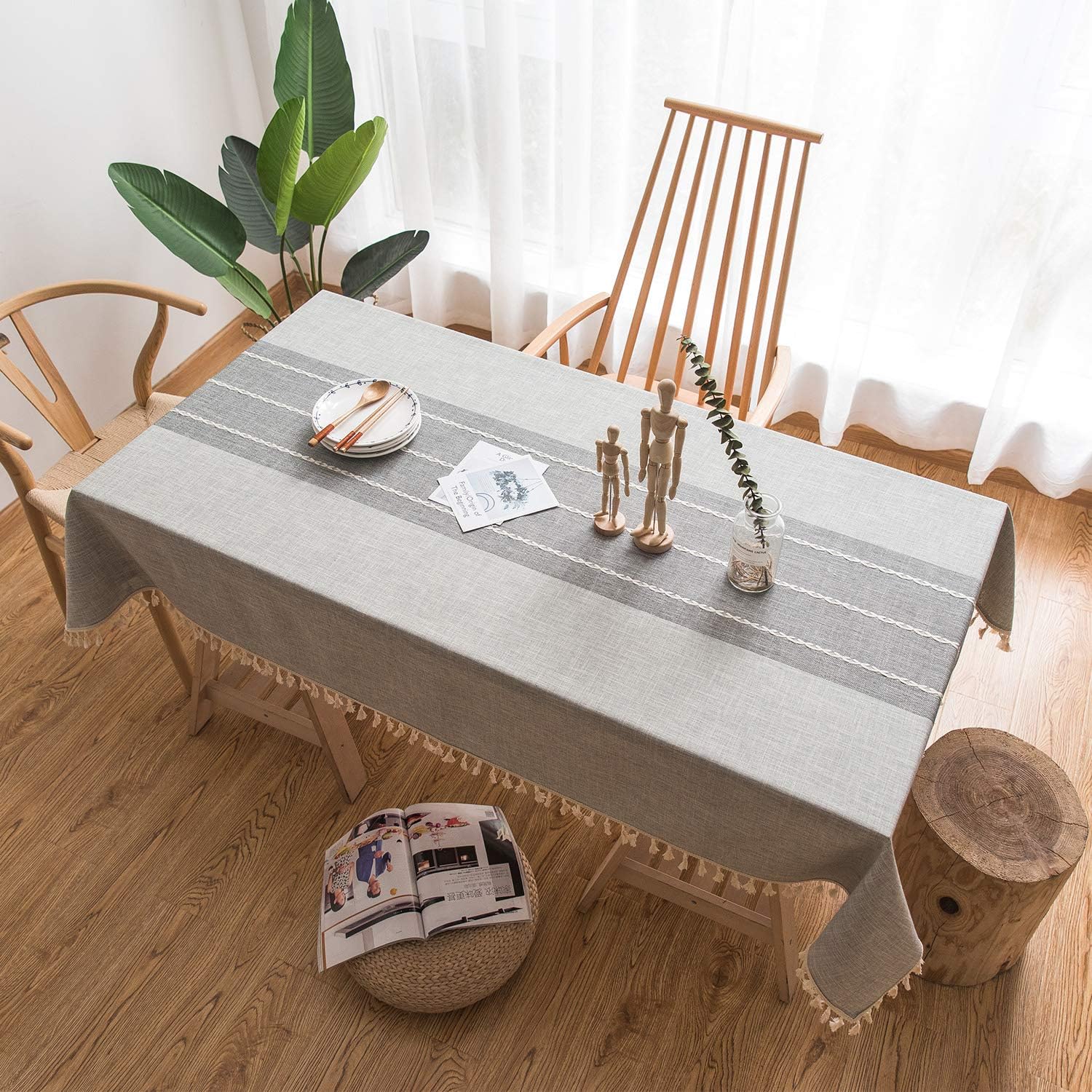 Mokani Washable Cotton Linen Stitching Tassel Design Tablecloth, Rectangle Table Cover Great for Kitchen Dinning Tabletop Buffet Decoration (55 x 70 Inch, Gray): Kitchen & Dining