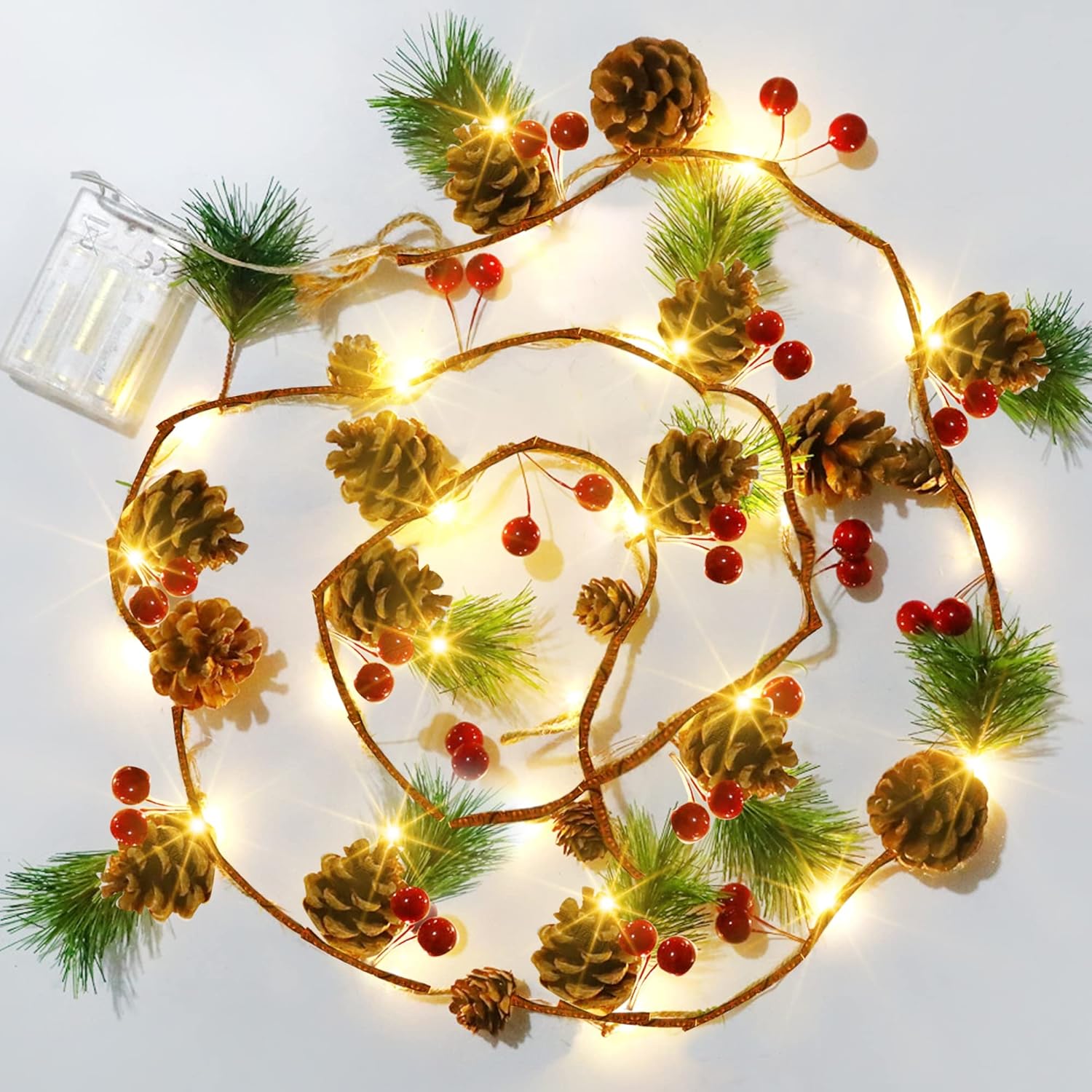 Wreaths, Garlands & Swags - Dazzle Bright 6.5 FT Pine Cone Christmas String Lights, 20 LED Battery Operated Christmas Garland with Red Berry Pine Cone Fairy String Lights for Indoor Outdoor Xmas Fireplace Mantel Decorations