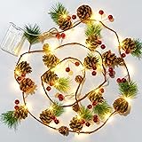 Dazzle Bright 6.5 FT Pine Cone Christmas String Lights, 20 LED Battery Operated Christmas Garland with Red Berry Pine Cone Fa