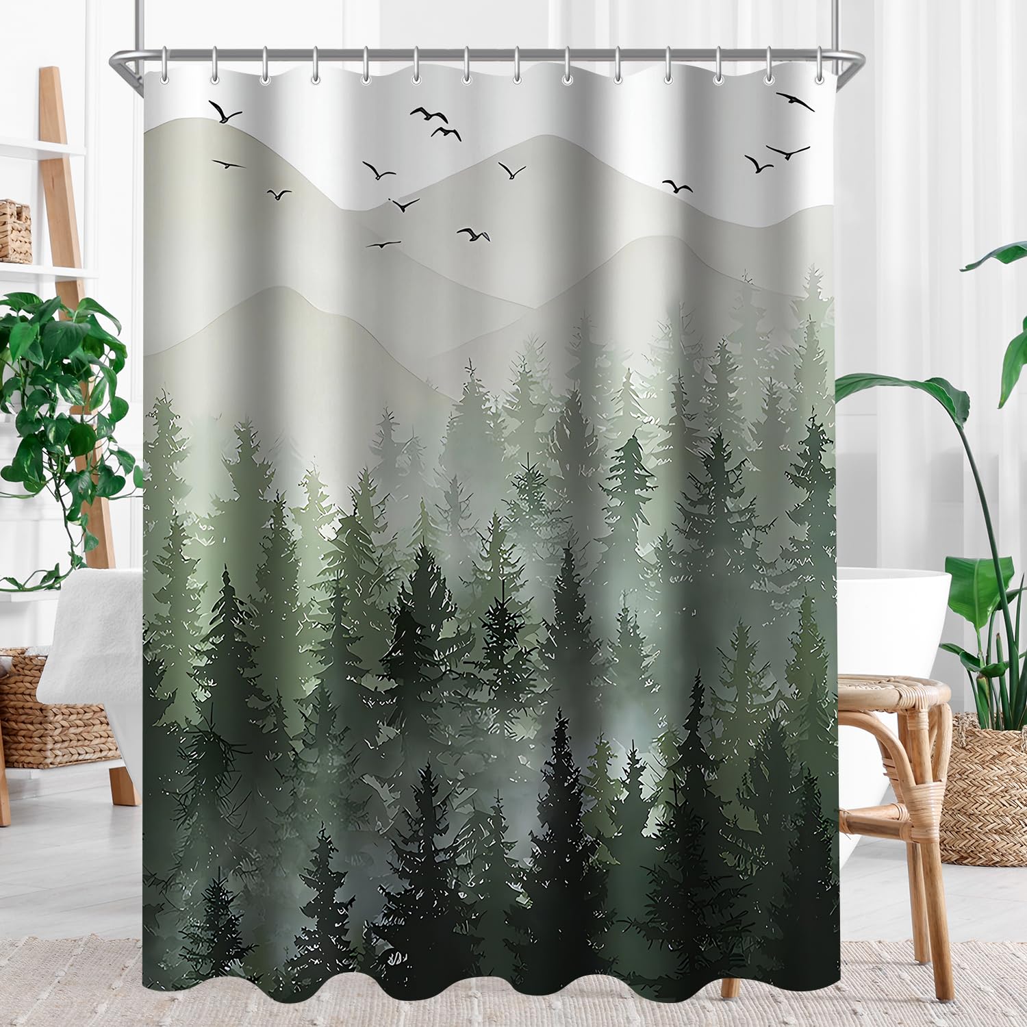 Lerores Shower Curtain, 180 x 200 cm, Forest Anti-Mould Textile, Weighted Hem, Water-Repellent, Washable Polyester Fabric Bath Curtains with 12 Eyelets and Shower Curtain Rings for Bathroom, Bathtub — image 1