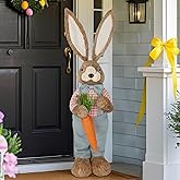 DR.DUDU 2.7FT Large Easter Bunny Decor – Outdoor Easter Decorations for Porch & Home, Straw Standing Rabbit Statue with Carrots, Farmhouse Spring Decor, Entryways Photo Props (Boy)