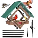 Kingsyard Large Platform Bird Feeder with Metal Mesh Tray, Pole Mount Adjustable Bird Feeders with Weather Protective Top, 4 lbs Seed Capacity, Brown