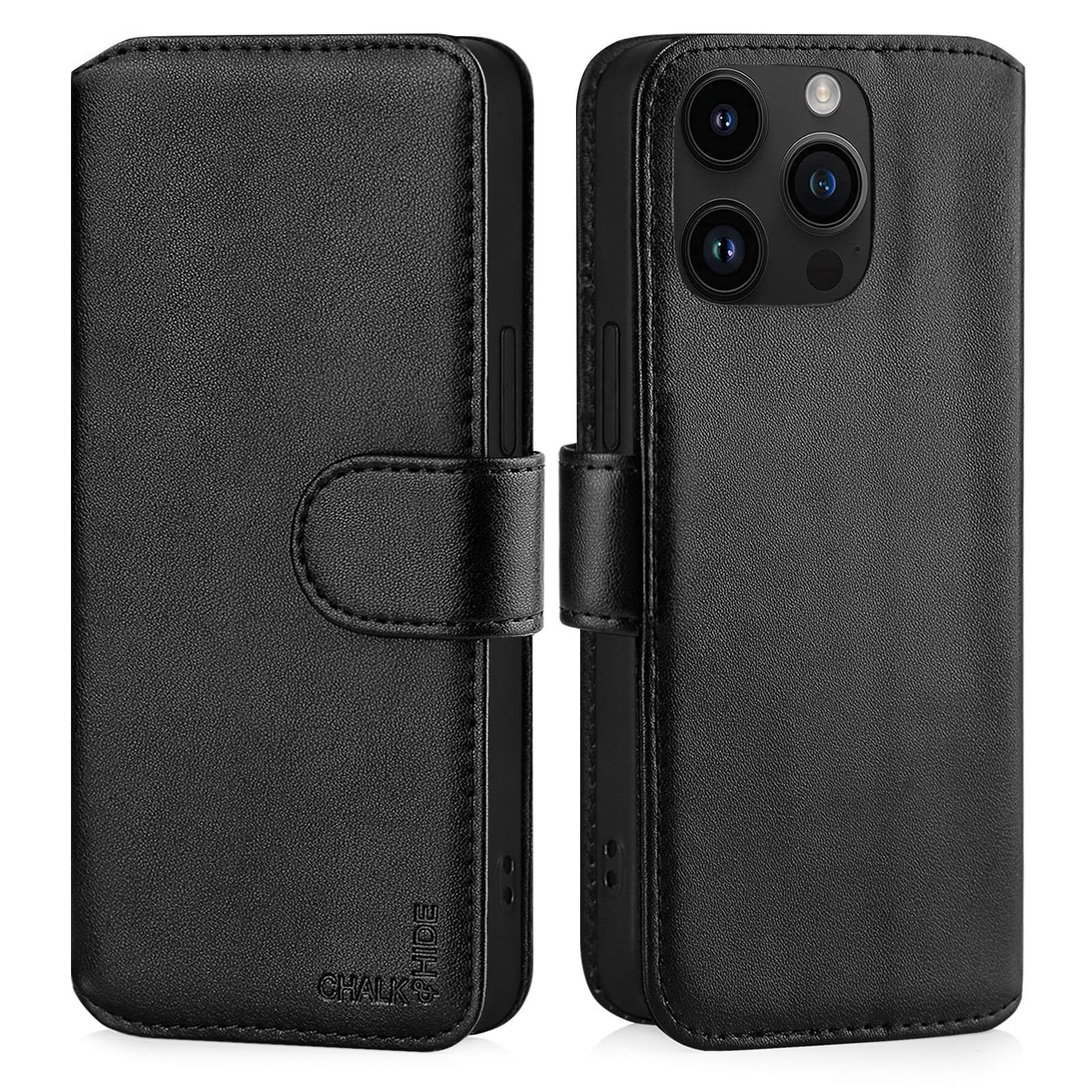 CHALK & HIDE Genuine Leather Wallet Case for iPhone 15 Pro (6.1") | RFID Blocking Card Slots, Magnetic Flip Cover, Kickstand | Premium Book-Style Protective Case - Black