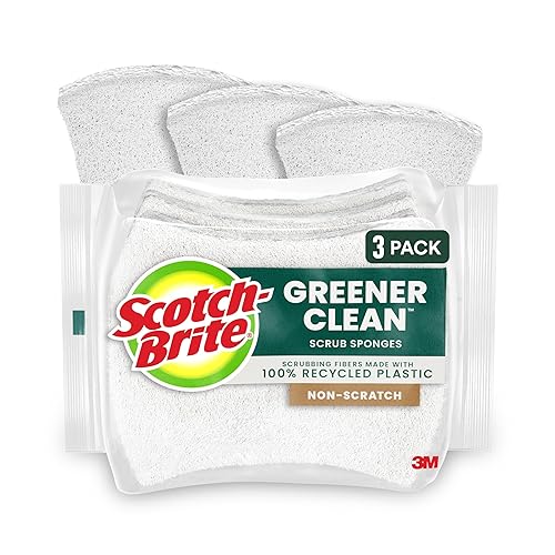 Scotch-Brite Greener Clean Non-Scratch Scrub Sponge, Sponge for Washing Dishes, Cleaning Kitchen, Superior Performance and Made with Sustainable Materials, Dishwasher Safe, 3 Scrub Sponges