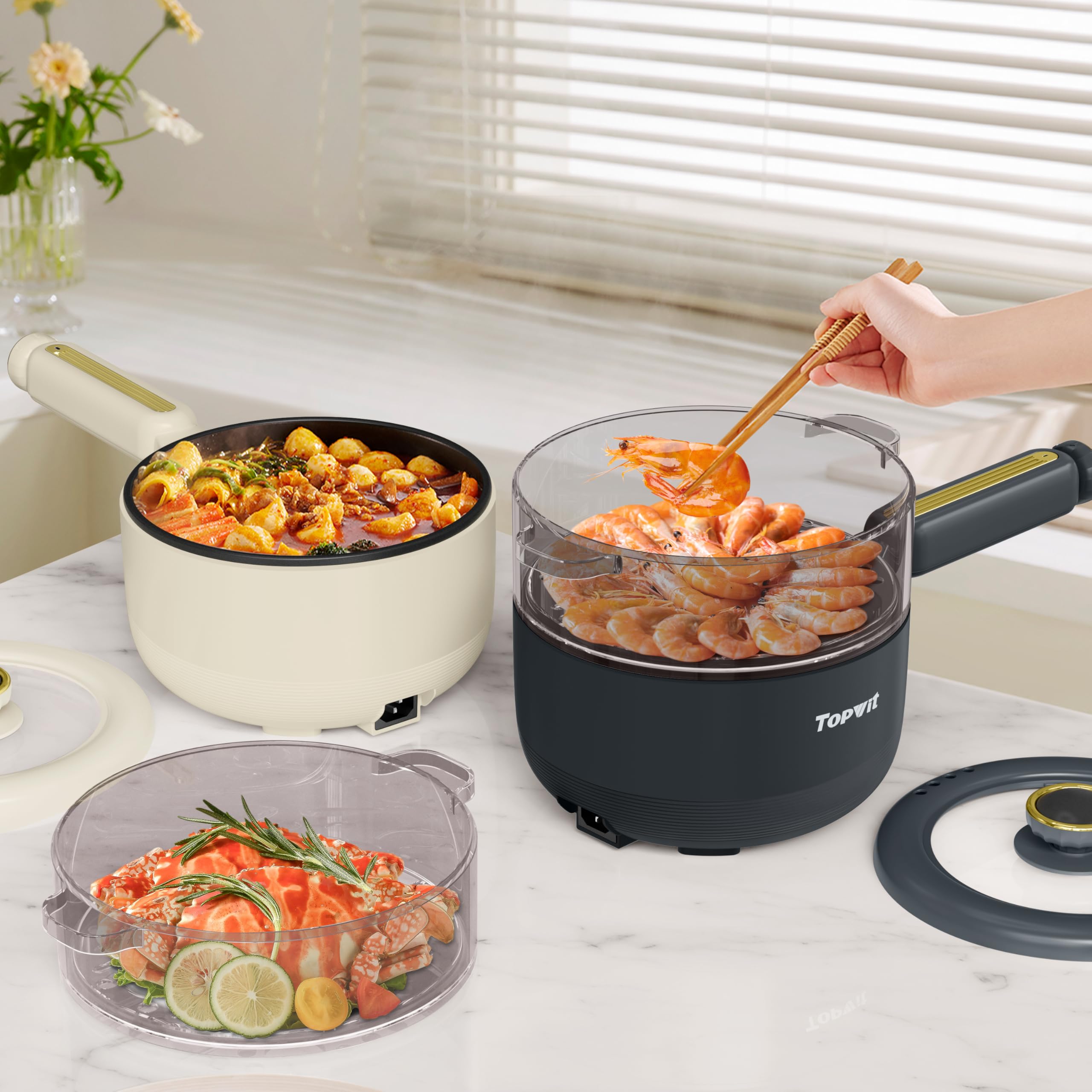 TOPWIT Hot Pot Electric with Steamer, 2L Multifunctional Electric Pot, Non-Stick Sauté Pan, Portable Pot for Steak, Fried Rice, Ramen, Soup with Dual Power Control (Silicone Spatula Included), Grey