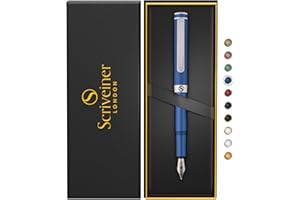 Scriveiner Luxury EDC Fountain Pen (Medium), Stunning Matt Blue Pocket Pen, Chrome Finish, Schmidt German Nib, Converter, Best Writing Pen Gift Set for Men & Women, Nice Fancy Office Designer Pen