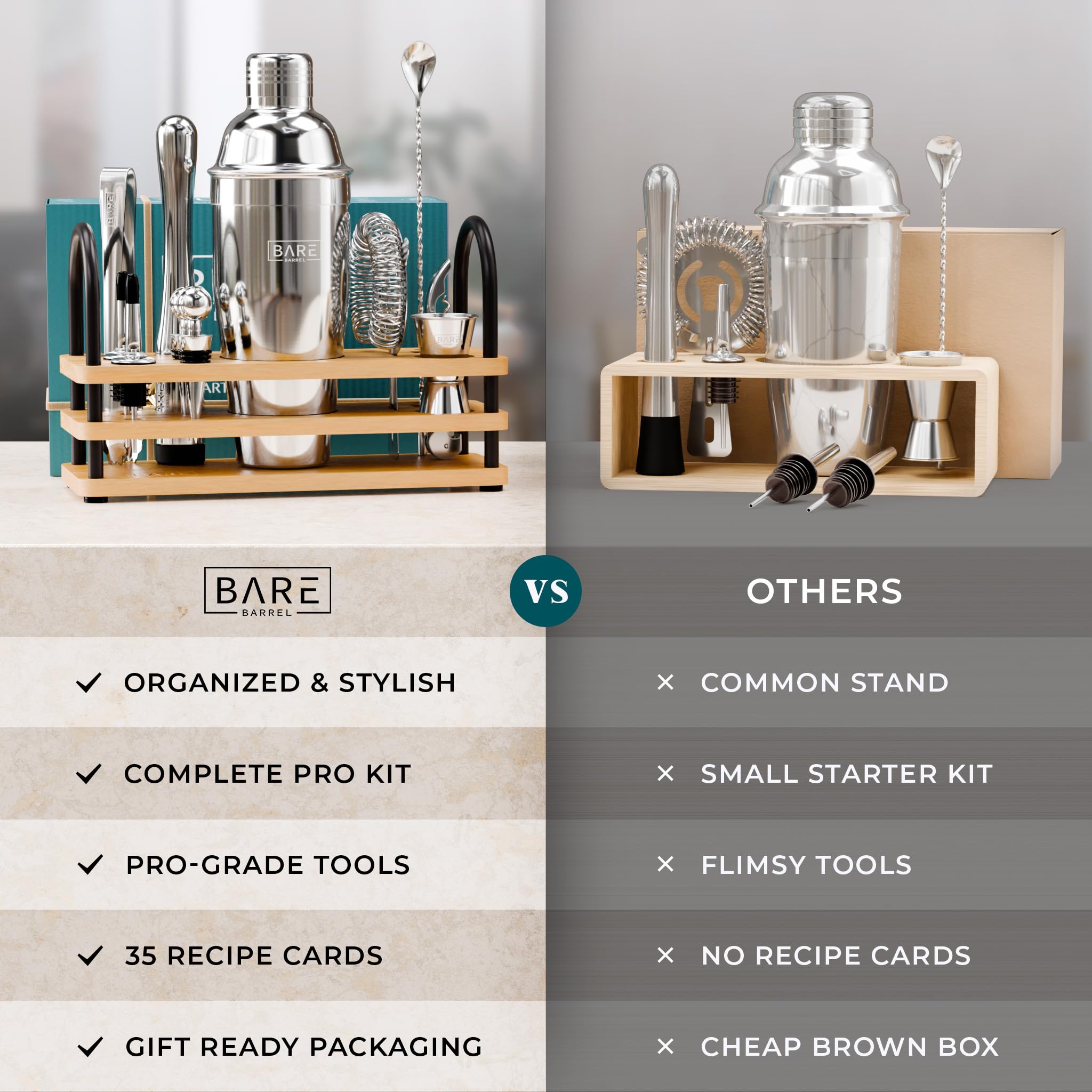 BARE BARREL® Mixology Bartender Kit Bar Set | 14-Piece Cocktail Shaker Set | Martini Barware Mixing Tools for Home Bartending | 35 Recipe Cards | Gift Set (24oz Cobbler Shaker, Silver/Natural)