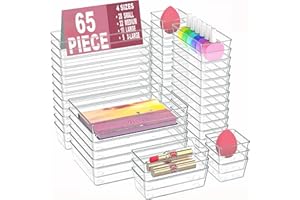 Manalete Drawer Organizers Set of 65, 4 Sizes Clear Plastic Drawer Organizers and Storage Bins for Kitchen, Bathroom, Office, Dresser Desk Drawer Organizer Tray for Jewelry, Makeup, Junk, Gadgets