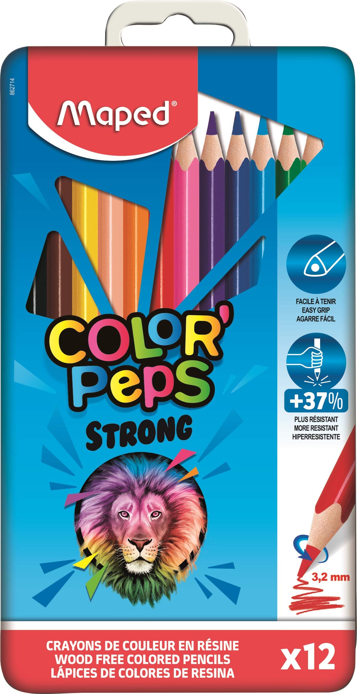 Maped - Strong Color'Peps Coloured Pencils - 12 Ultra-Resistant and Ergonomic Colouring Pencils - Metal Box of 12 Resin Pencils