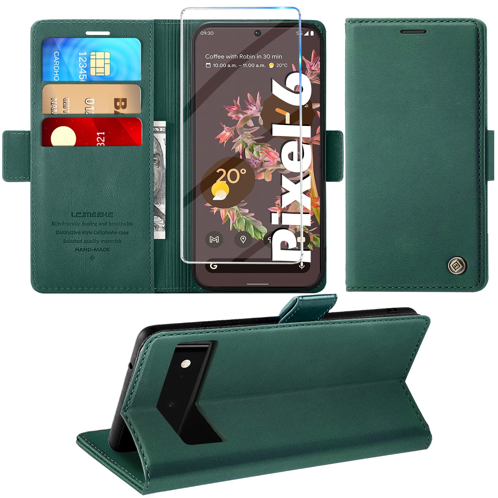 Mobile Phone Case for Google Pixel 6 Case with Screen Protector, Pixel 6 with Stand Function Card Slot Wallet Premium Leather Protective Case Pixel 6 5G Flip Case Cover Shockproof Flip Case (Green)
