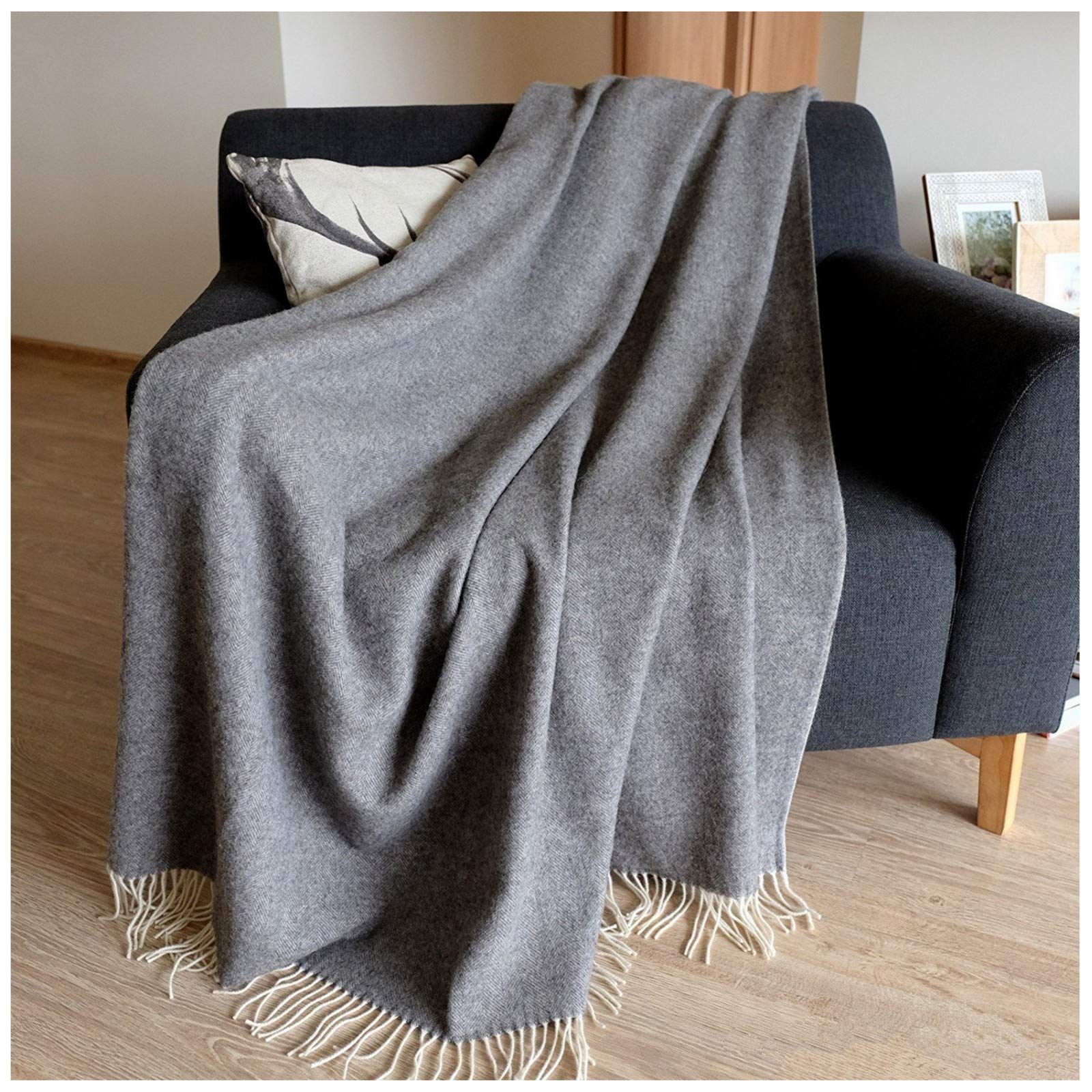 Linen & Cotton Extra Soft Light Throw/Blanket STONEWOLD Herringbone Pattern - 100% Fine Merino Wool, Grey (140 x 200cm) Warm Plaid for Sofa Bed Couch Settee Bedspread Single Double Lambswool