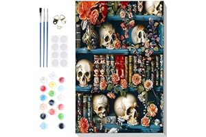 Bowetile Skeleton Paint by Numbers Adult Kit Beginner -12x16in, Skull Bookshelf Paint by Number Kits on Canvas with Frame, Ha