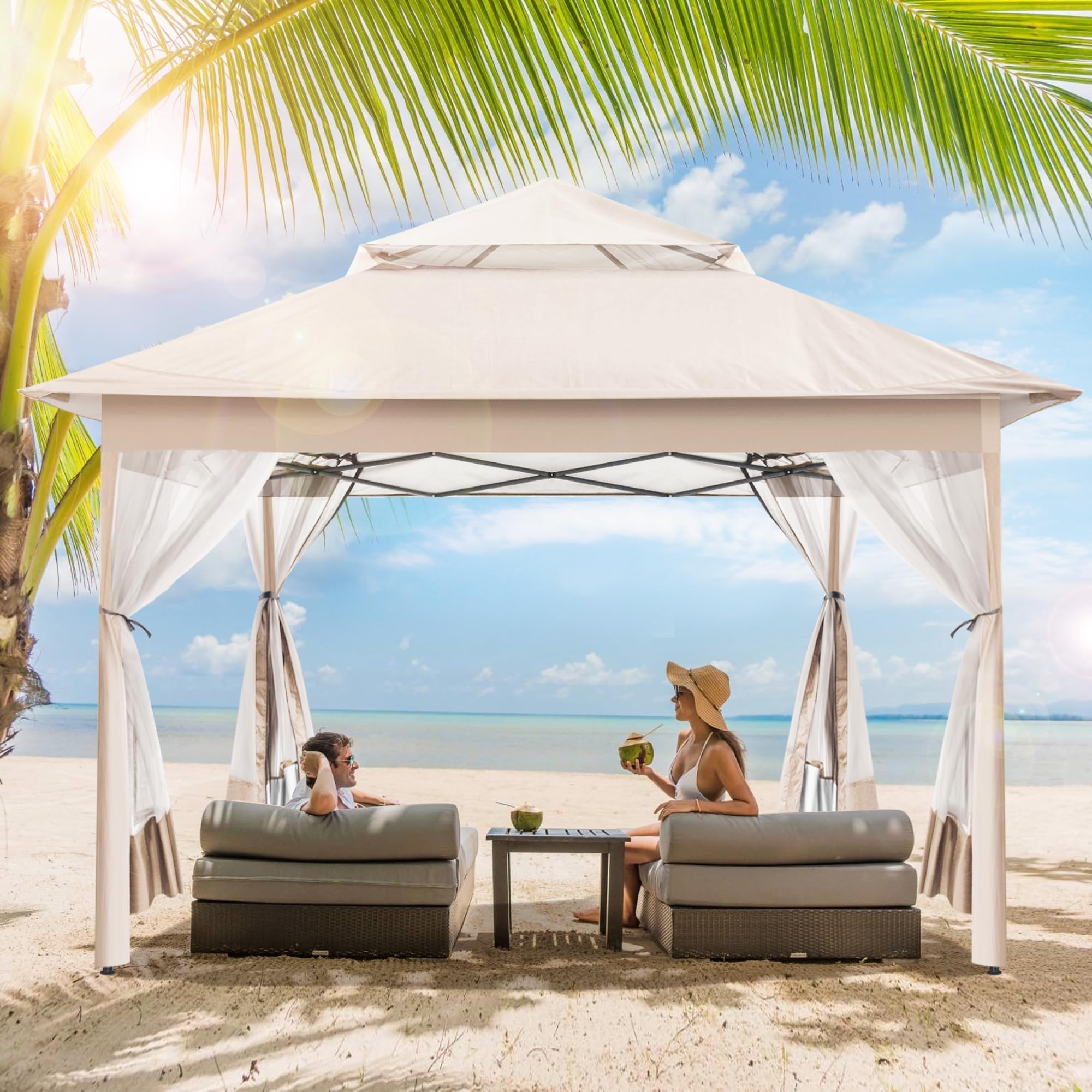 Photo 1 of **MISSING PARTS**1 BOX OF 2**TINKLE WELL Easy Set-up  Pop Up Canopy,Outdoor Gazebo Tent with Netting, Instant Shelter w/ 169 Square Feet of Shade and Double Roof Tops for Backyard, Garden,Camping(Khaki)