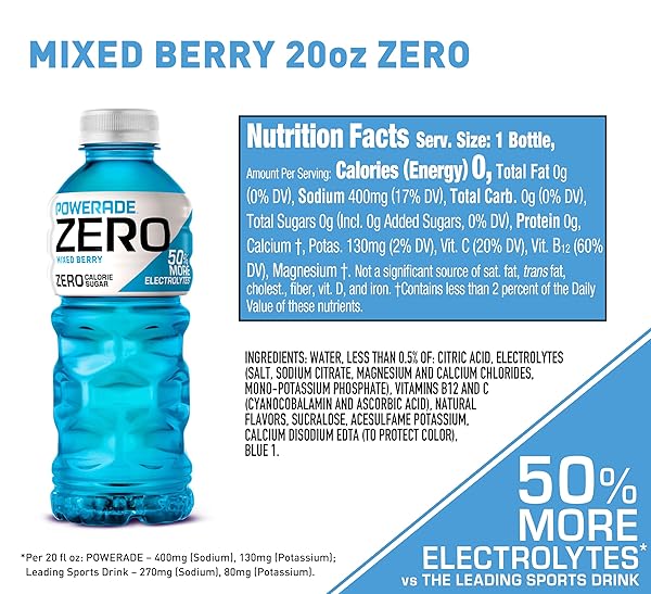 POWERADE ZERO MIXED BERRY BOTTLES, 20 FL OZ, 8 PACK