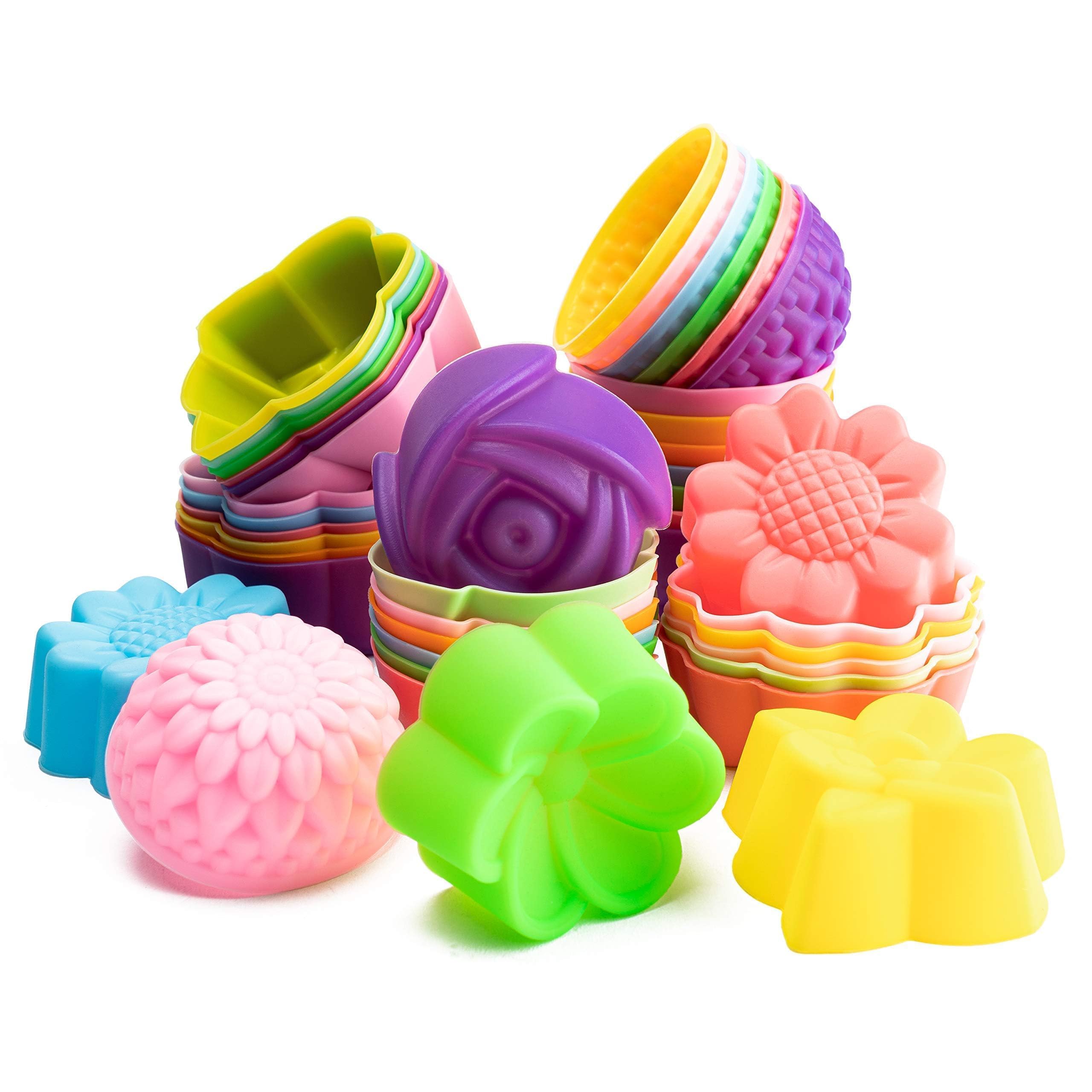 Photo 1 of R HORSE 42Pcs Mini Size Silicone Molds, 2 x 0.8 inch Cupcake Multi Flower Shapes Baking Cups Non-Stick Donut Wrapper Mold Muffin Liners Washable for Pan Oven Microwave Dishwasher