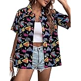 80s 90s Outfits for Women Retro Theme Party Disco Shirt 80s Hawaiian Shirt Neon Button Down Short Sleeve Blouse Tops