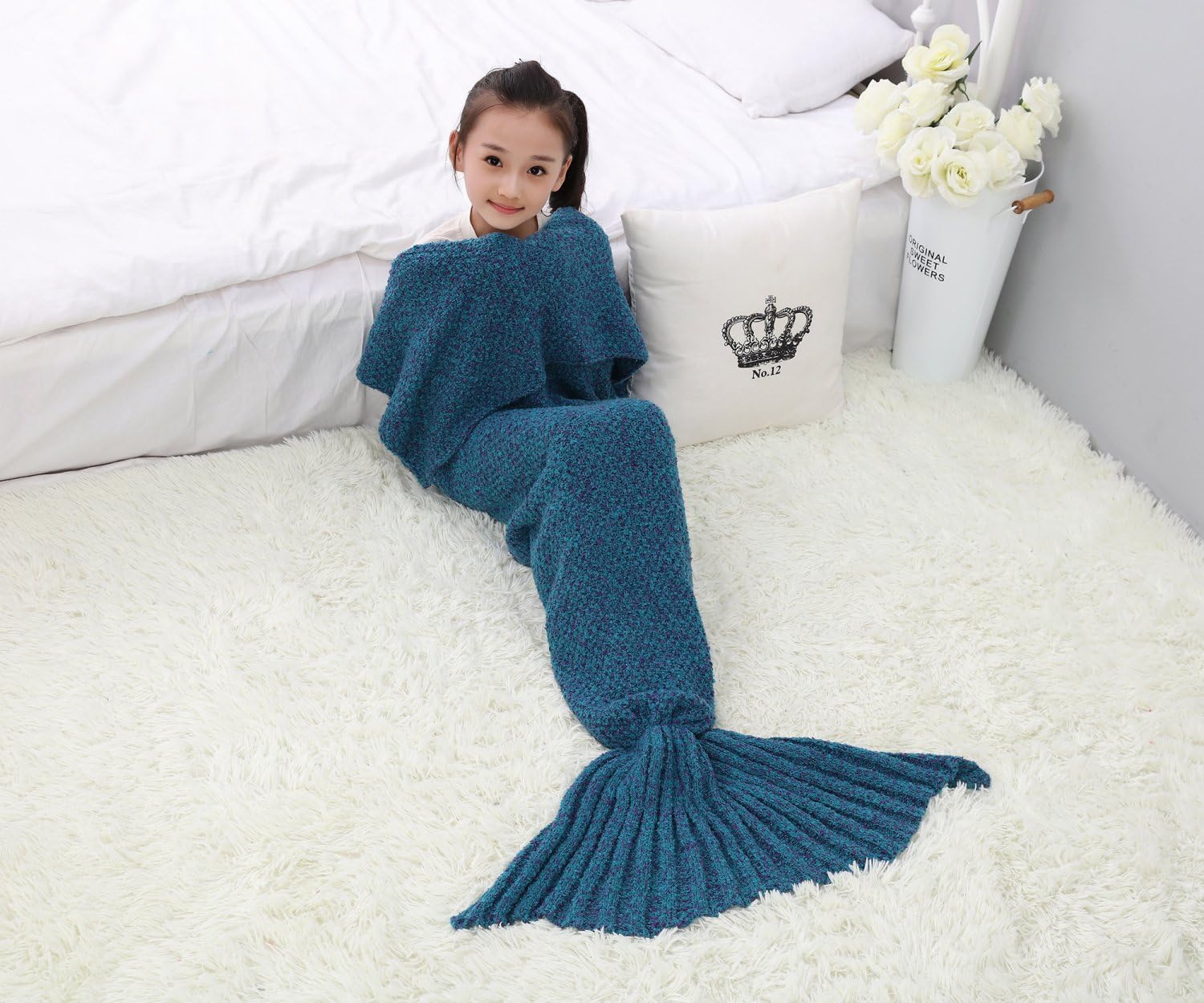 Zedy Kids Knitted Mermaid Tail Blanket Soft All Seasons Warm Bedroom Sofa Sleeping Bags for Girls Dark Blue