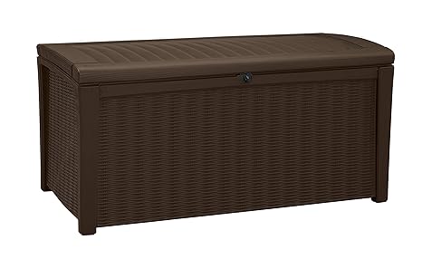 Keter Kissenbox Borneo, Braun, 400L aus hochwertigem Polypropylen Aufbewahrungsbox & Sitzbank in einem Maße: 129,5 cm x 70 cm