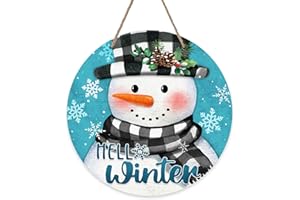 Deroro Hello Winter Snowman Blue Front Door Sign, Buffalo Plaid Check Snowflakes Wood Door Hanger Outdoor Outside Porch Decor, Christmas Holiday Seasonal Wooden Wreath Indoor Wall Hanging Decoration