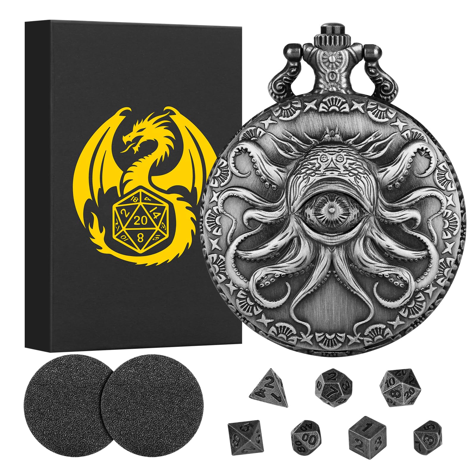 Mini DND Dice Set Steampunk One-Eyed Octopus Pocket Watch Case, 7-Piece Polyhedral Metal D&D Dice Set, DND Gifts with Gift Box, Roleplaying Board Game Accessory Dice, Dark Silver