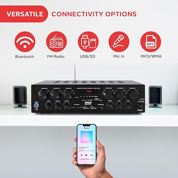 PYLE WIRELESS BLUETOOTH HOME AUDIO AMPLIFIER SYSTEM-UPGRADED 6 CHANNEL 750 WATT SOUND POWER STEREO RECEIVER W/USB, MICRO SD, HEADPHONE,2 MICROPHONE INPUT W/ECHO, TALKOVER FOR PA – PTA62BT.5