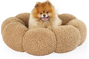 LE SURE Lesure Calming Small Dog Bed - Flower Donut Round Fluffy Puppy Bed in Plush Teddy Sherpa, Non-Slip Cute Flower Cat Beds for Indoor Cats, Small Pet Bed Fits up to 25 lbs, Machine Washable, Camel 23"