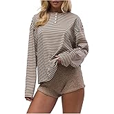 GORGLITTER Women's Striped Long Sleeve Tee Shirt Y2k Oversized Half Button Drop Shoulder Loose Tee Tops