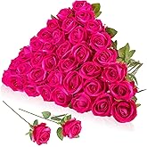 Hoemwarm 36 Pcs Velvet Silk Hot Pink Rose Bouquet Bridal Artificial Flowers,Fake Rose Long Stem Realistic Artificial Flowers Bulk for Wedding Bouquet Ball Arrangement Centerpiece Party Decor(Hot Pink)
