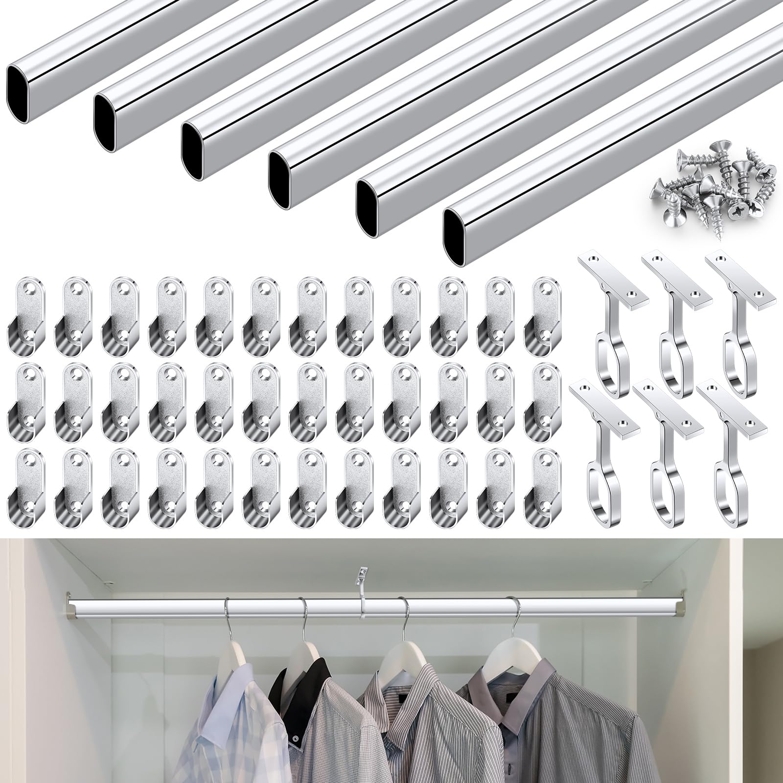 Photo 1 of Tandefio Chrome Closet Rod 92 Inch with Oval Closet Rod 6 End Supports for Laundry Room Hanging Clothes Waterproof Shower for Curtains(Silver,6 Sets)