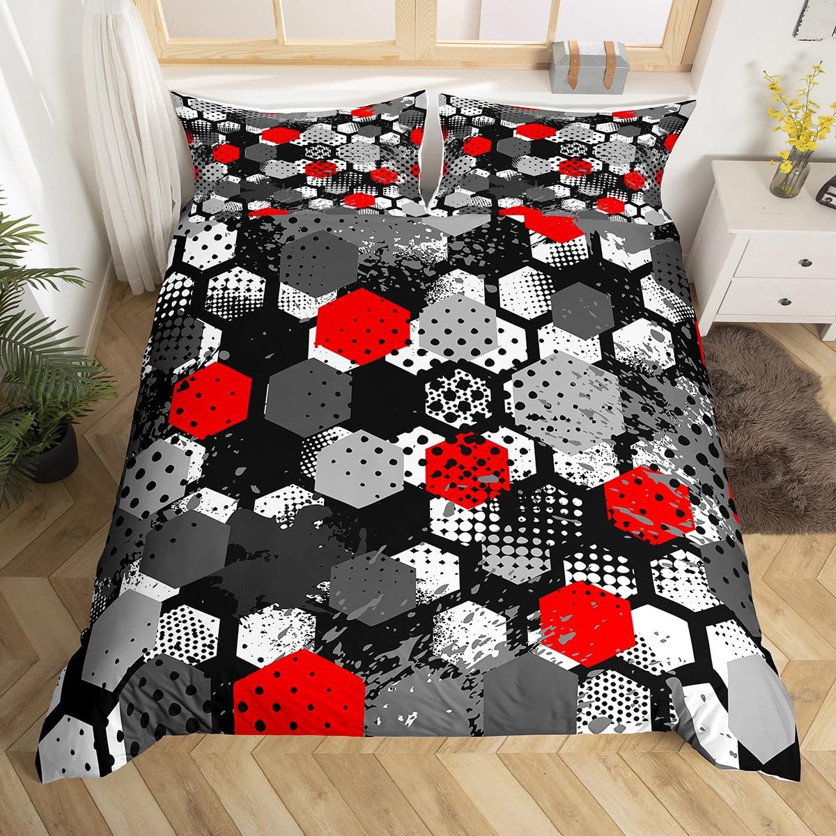 Manfei Honeycomb Duvet Cover Set Single Size, Red Grey White Hexagon Comforter Cover with 1 Pillowcase, Abstract Geometric Bedding Set 2pcs for Kids Boys Girls Room Decor Lightweight Bedspread Cover
