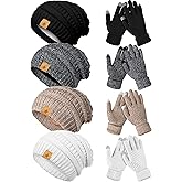 JaGely 8 Pieces Women Winter Hats and Gloves Set Women Warm Touchscreen Knitted Lined Gloves Winter Beanies